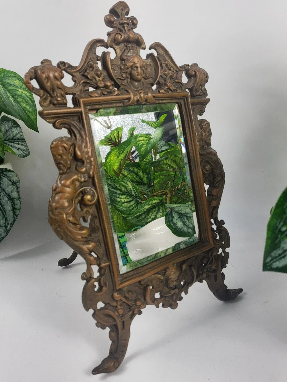 Antique Brass Mirror w/Easel- Late 19th Century High Relief Bacchus Mask Baroque